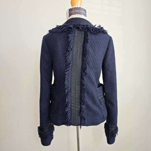 Tory Burch Navy Long Sleeve Tweed Fringe Cross Grain Blazer Sz 4 (708) - Picture 4 of 11